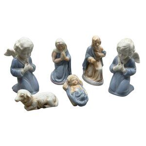 Porcelain Nativity Scene Set With Angel Mary Joseph Baby Jesus & Lamb Figurines